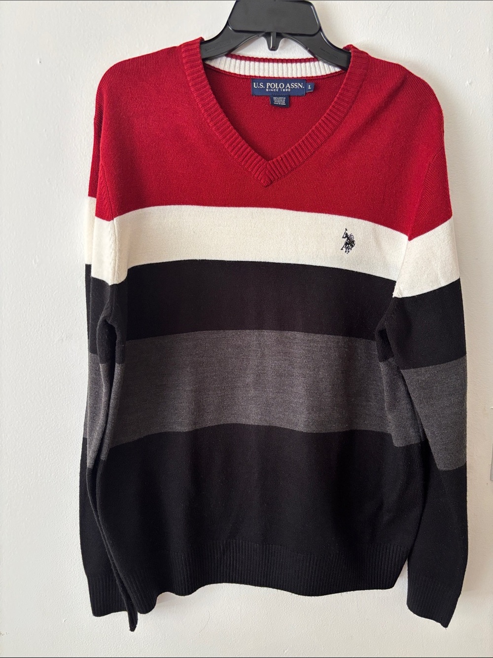 U.S. Polo Assn. Red black gray white striped v neck pullover sweater size large